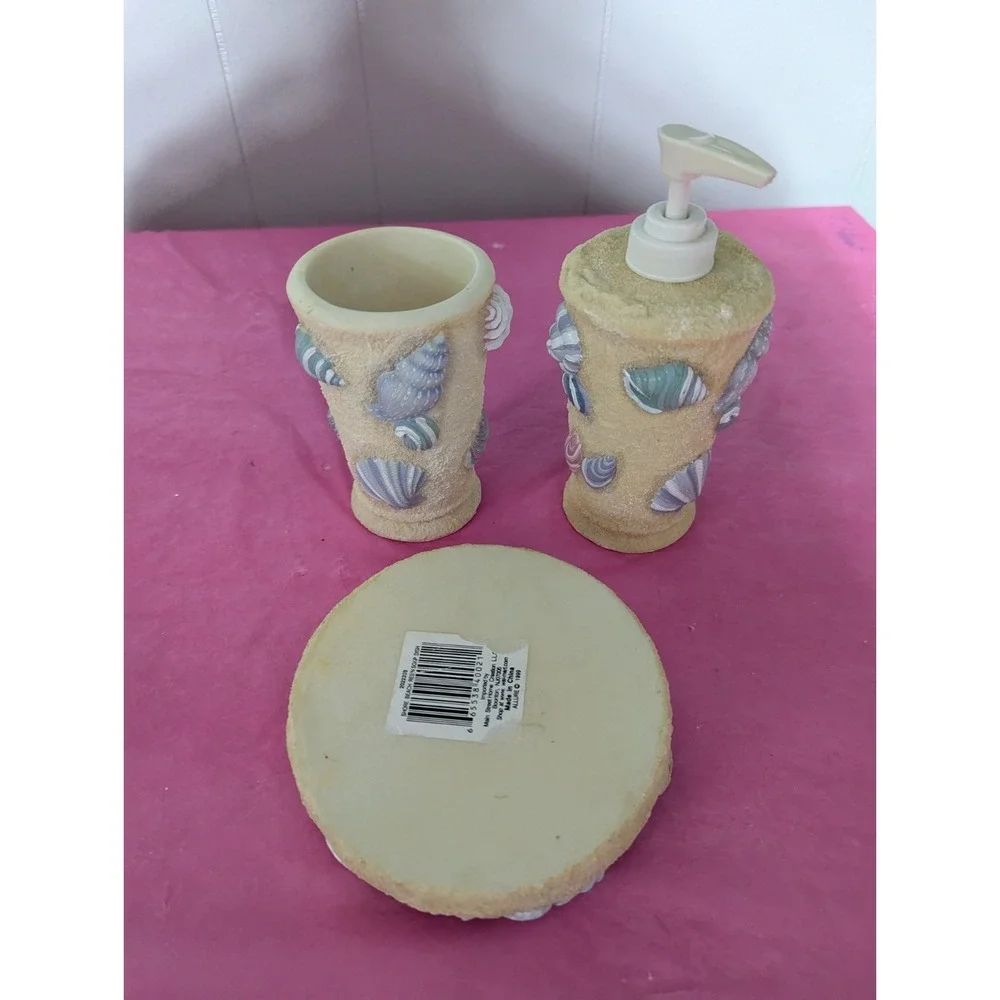 3 piece Seashell beach nautical bathroom set soap dish lotion pump toothbrush